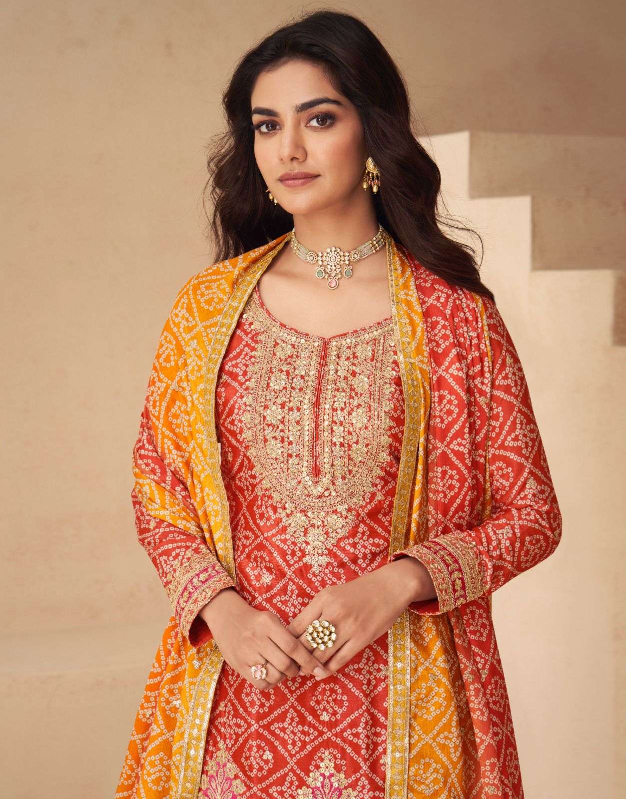 Teeya Creation Multi Color Chinnon Silk Digital Print With Embroidery Work Fully Stitched Palazzo Pair