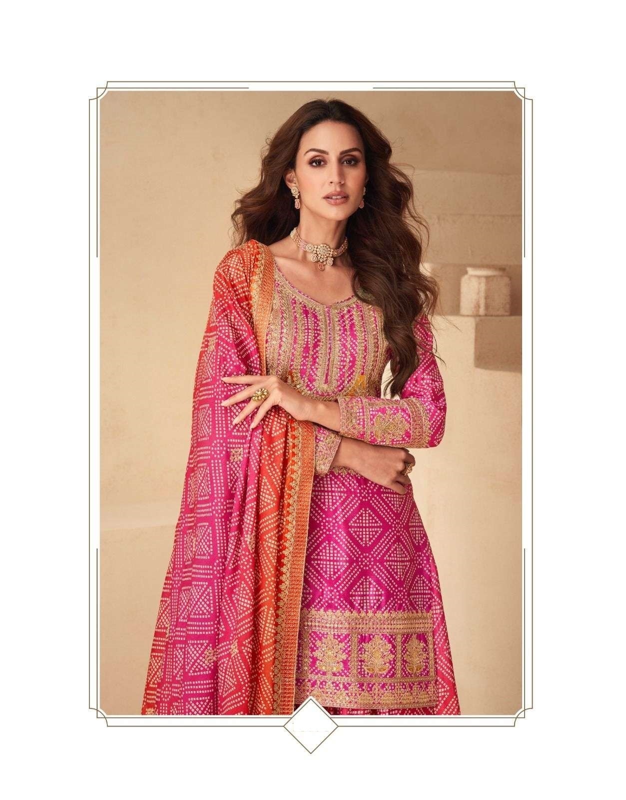 Teeya Creation Multi Color Chinnon Silk Digital Print With Embroidery Work Fully Stitched Palazzo Pair
