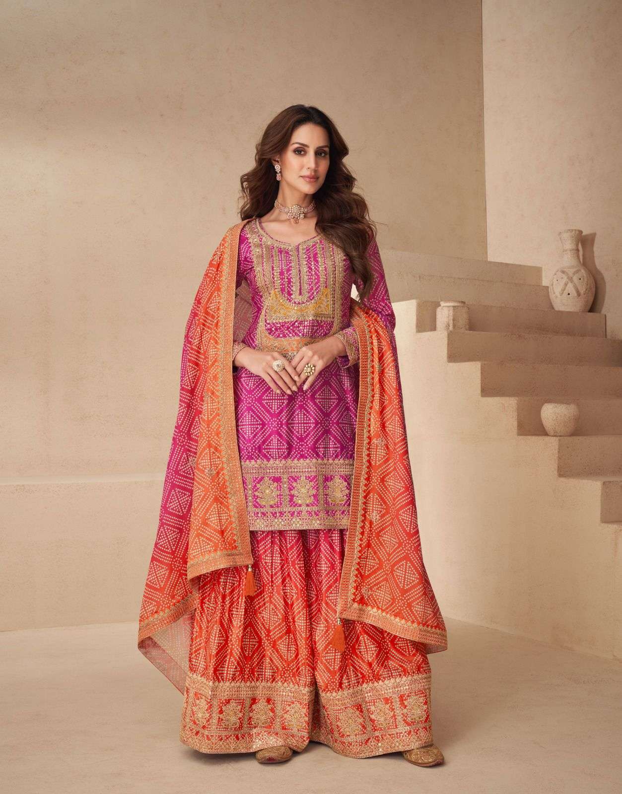 Teeya Creation Multi Color Chinnon Silk Digital Print With Embroidery Work Fully Stitched Palazzo Pair