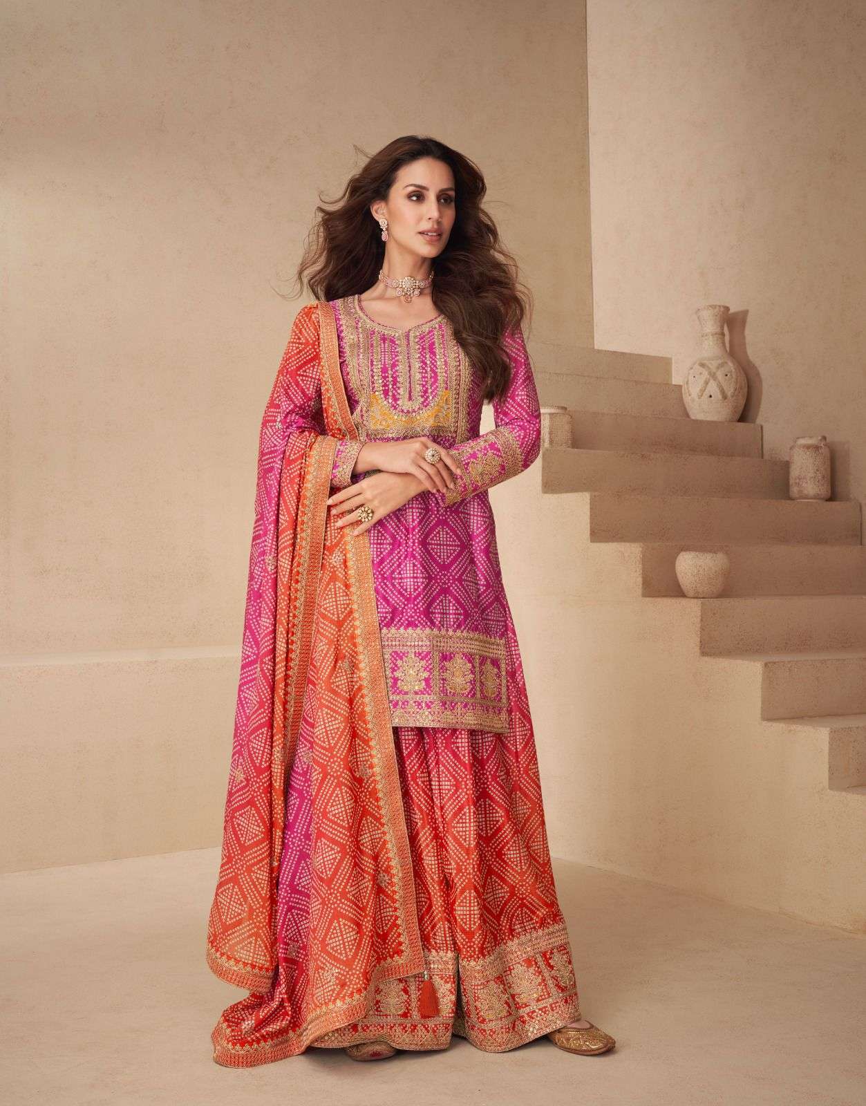 Teeya Creation Multi Color Chinnon Silk Digital Print With Embroidery Work Fully Stitched Palazzo Pair