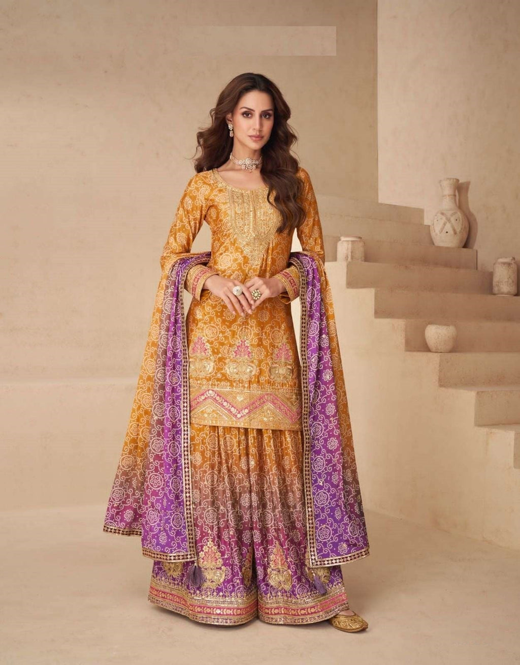 Teeya Creation Multi Color Chinnon Silk Digital Print With Embroidery Work Fully Stitched Palazzo Pair