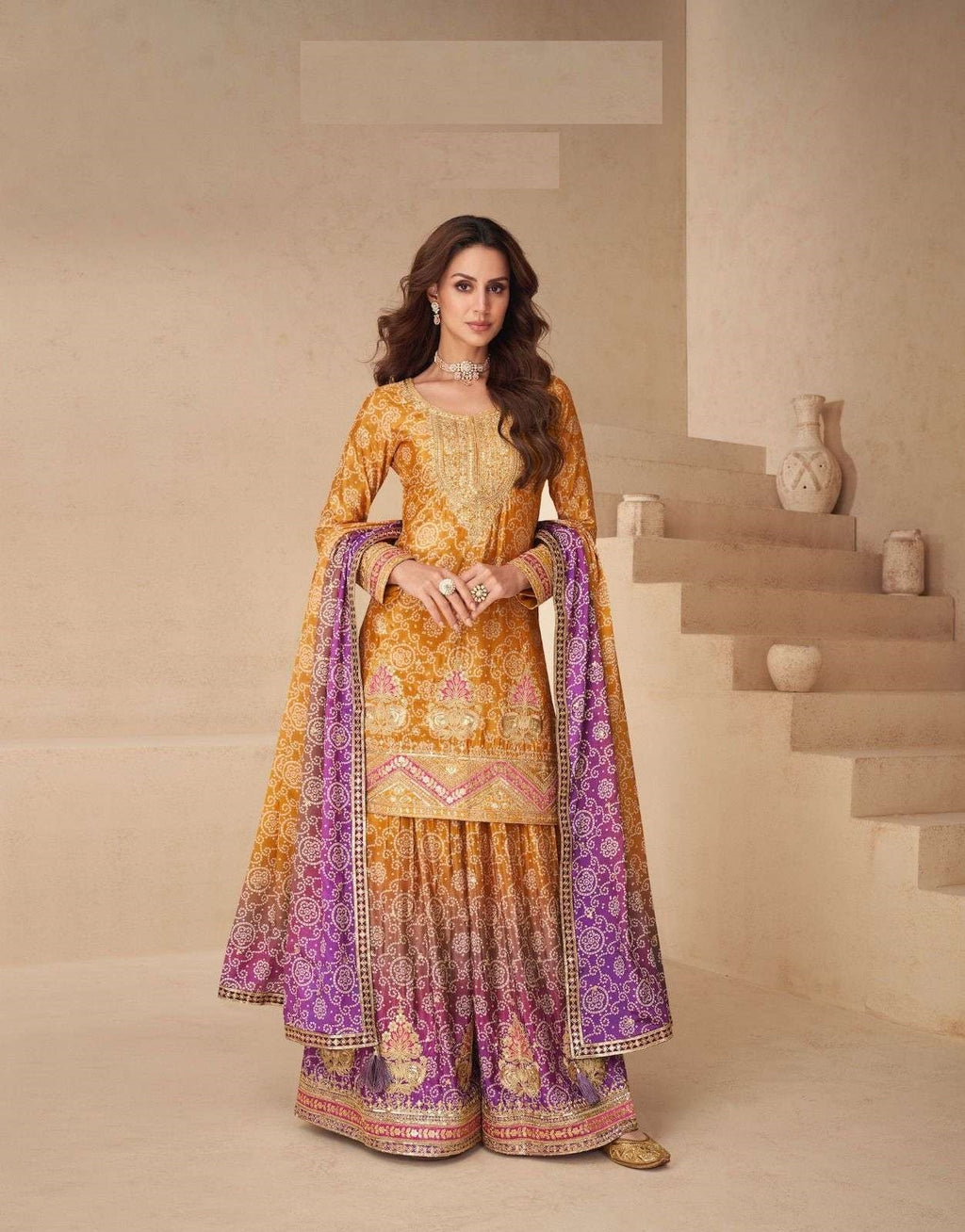 Teeya Creation Multi Color Chinnon Silk Digital Print With Embroidery Work Fully Stitched Palazzo Pair