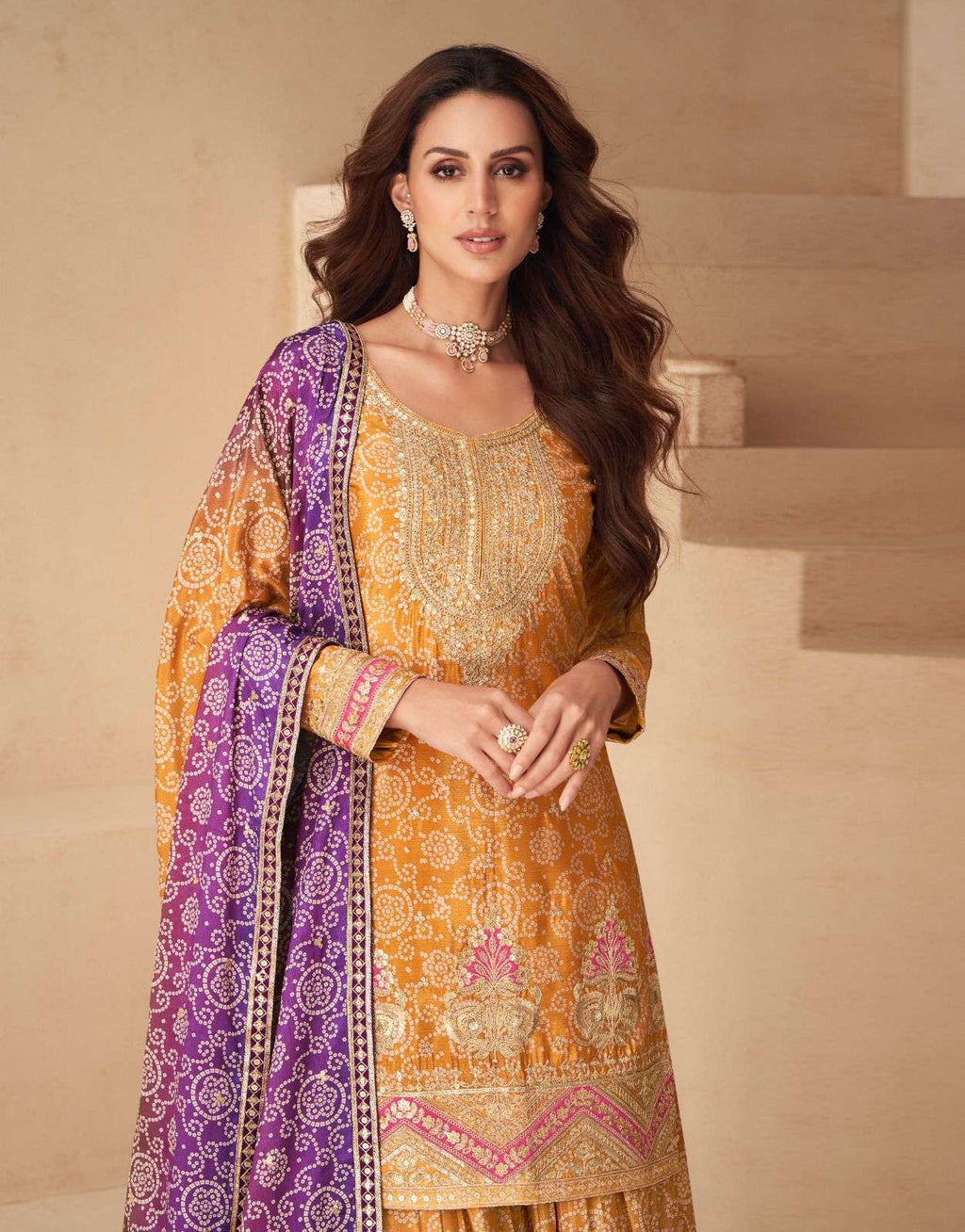 Teeya Creation Multi Color Chinnon Silk Digital Print With Embroidery Work Fully Stitched Palazzo Pair