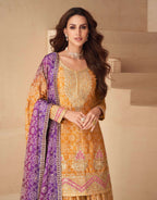 Teeya Creation Multi Color Chinnon Silk Digital Print With Embroidery Work Fully Stitched Palazzo Pair