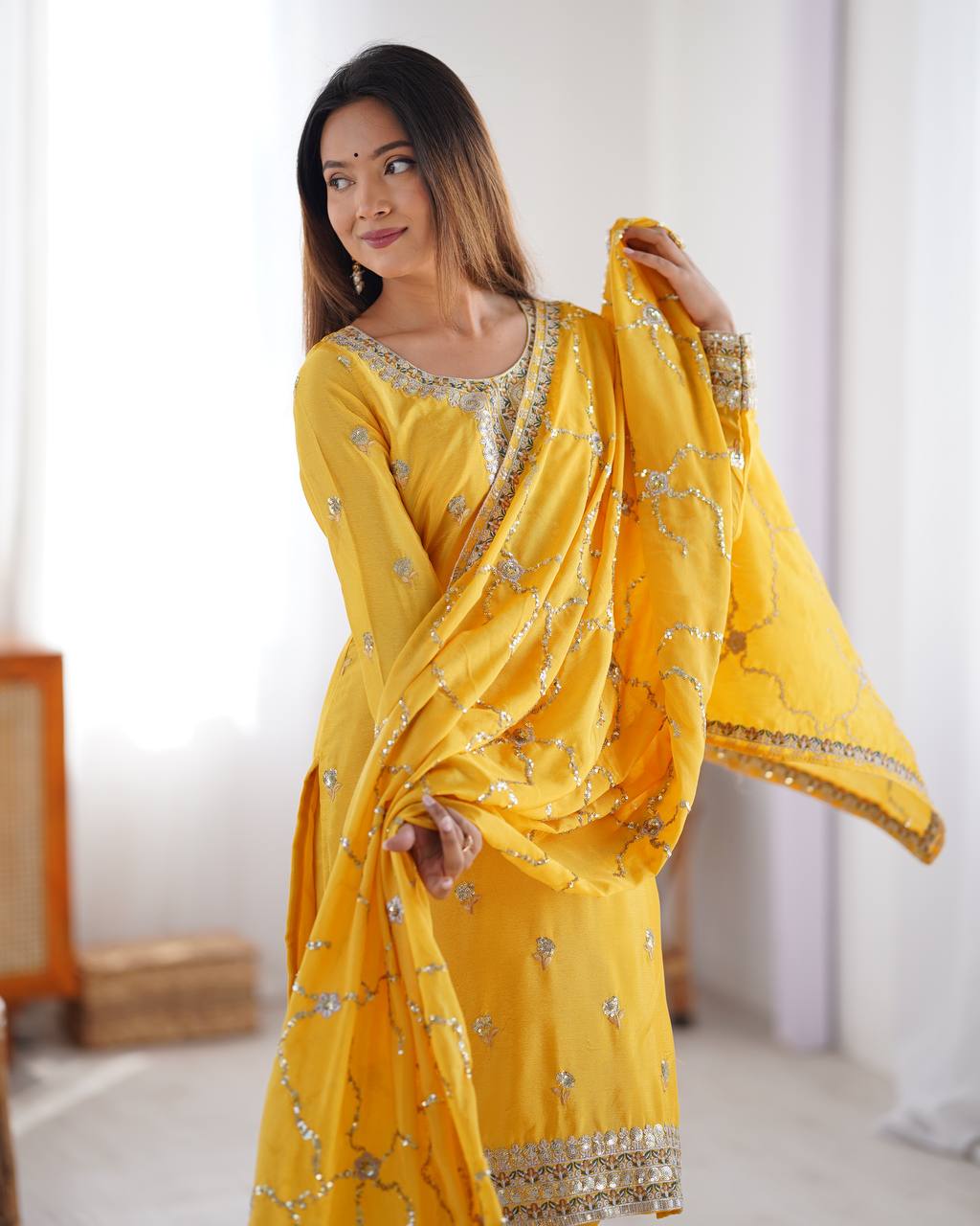 Teeya Creation Yellow Color Chinnon Silk Heavy Embroidery Work Fully Stitched Salwar Suit - Distacart