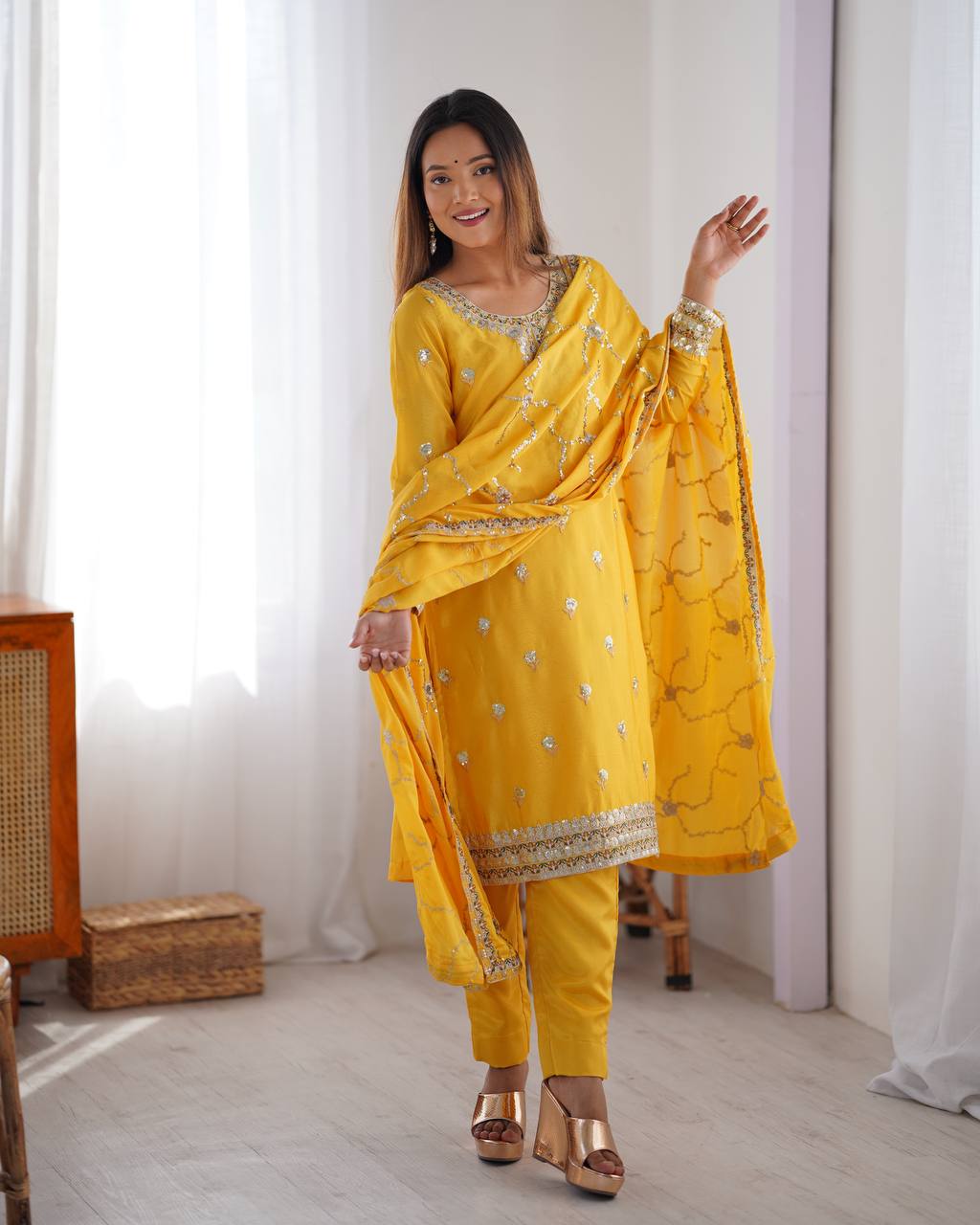 Teeya Creation Yellow Color Chinnon Silk Heavy Embroidery Work Fully Stitched Salwar Suit - Distacart