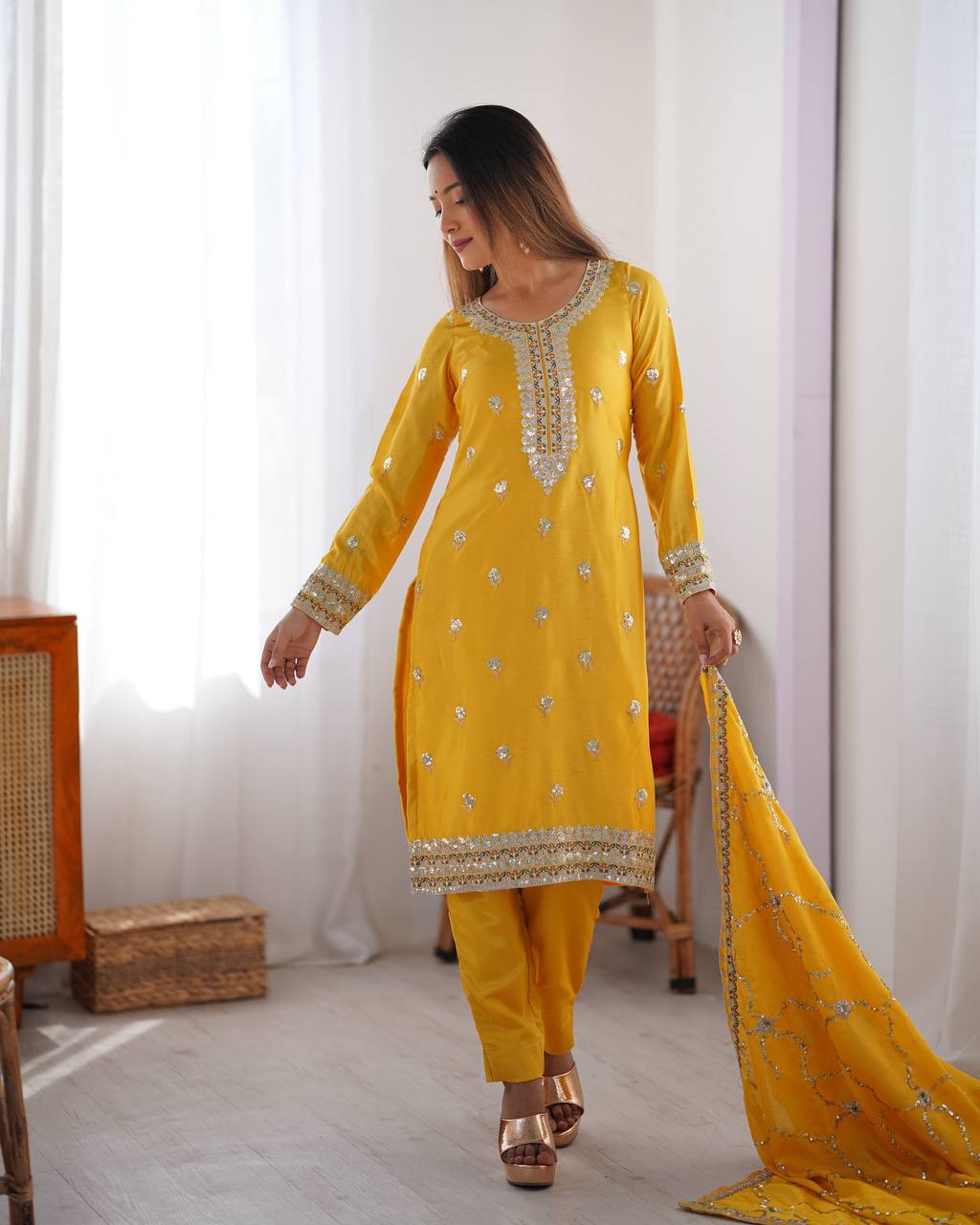 Teeya Creation Yellow Color Chinnon Silk Heavy Embroidery Work Fully Stitched Salwar Suit - Distacart
