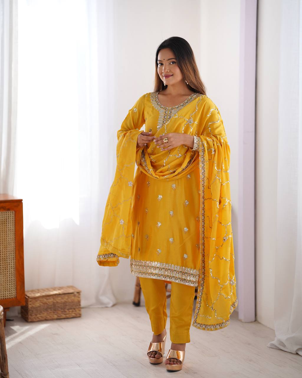 Teeya Creation Yellow Color Chinnon Silk Heavy Embroidery Work Fully Stitched Salwar Suit - Distacart