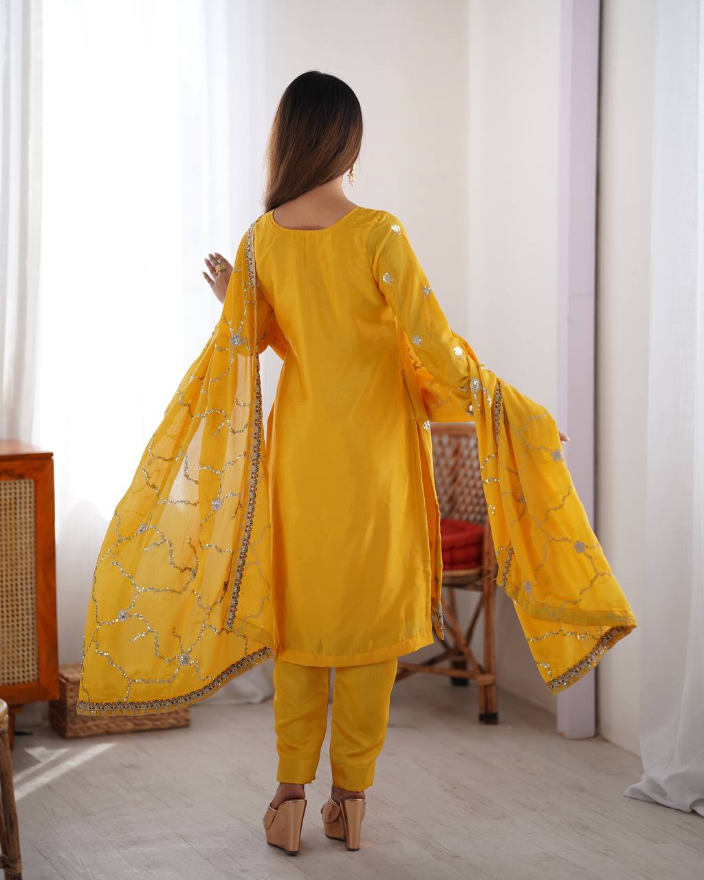Teeya Creation Yellow Color Chinnon Silk Heavy Embroidery Work Fully Stitched Salwar Suit - Distacart