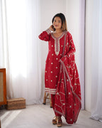 Teeya Creation Red Color Chinnon Silk Heavy Embroidery Work Fully Stitched Salwar Suit - Distacart