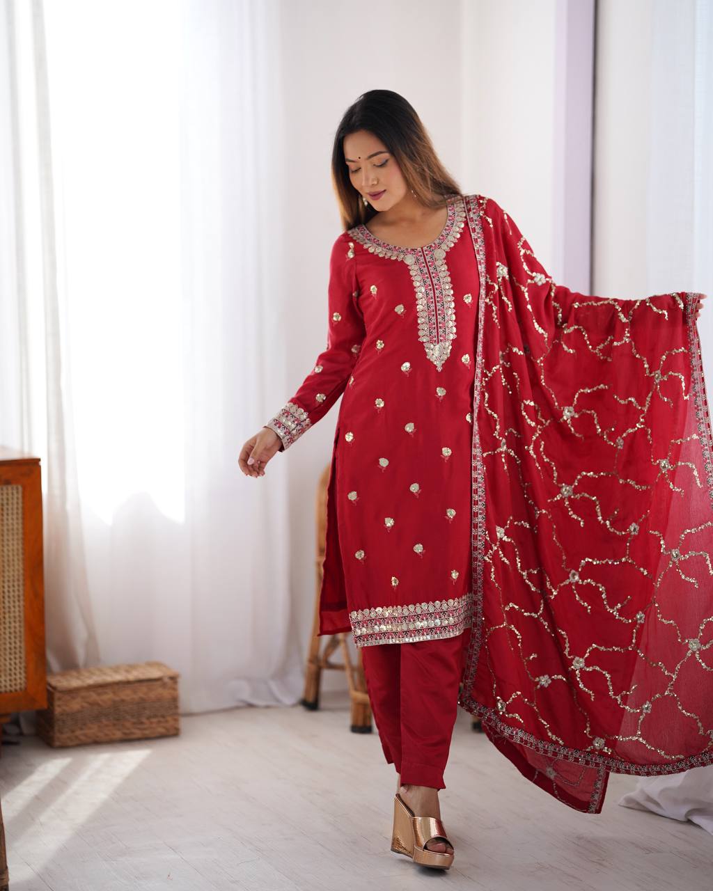 Teeya Creation Red Color Chinnon Silk Heavy Embroidery Work Fully Stitched Salwar Suit - Distacart