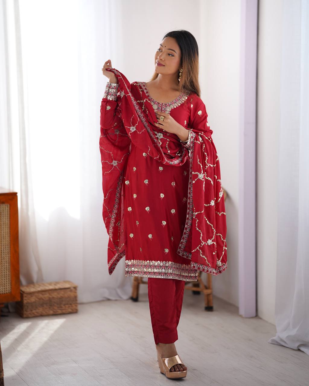 Teeya Creation Red Color Chinnon Silk Heavy Embroidery Work Fully Stitched Salwar Suit - Distacart