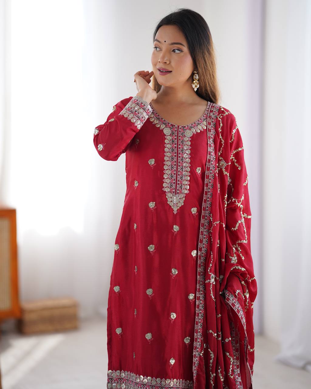 Teeya Creation Red Color Chinnon Silk Heavy Embroidery Work Fully Stitched Salwar Suit - Distacart