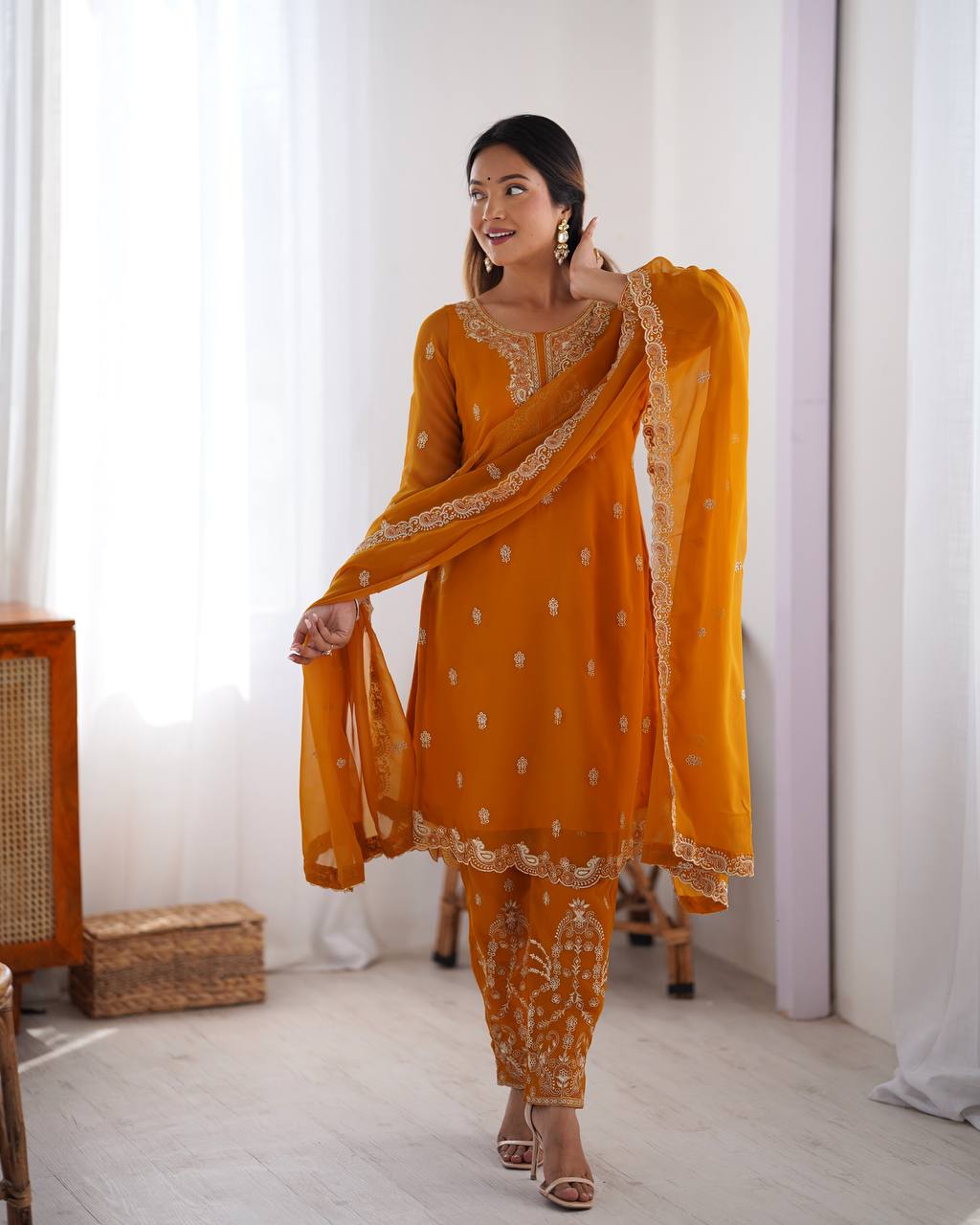 Teeya Creation Mustard Color Faux Georgette Heavy Embroidery Work Fully Stitched Salwar Suit - Distacart