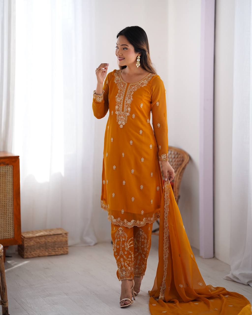Teeya Creation Mustard Color Faux Georgette Heavy Embroidery Work Fully Stitched Salwar Suit - Distacart