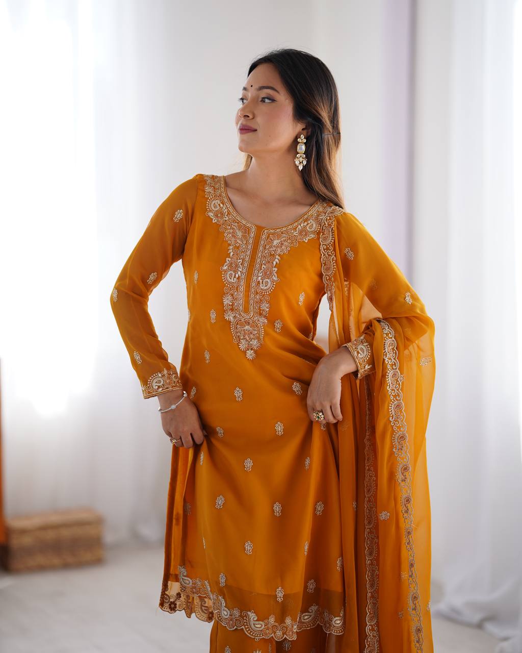 Teeya Creation Mustard Color Faux Georgette Heavy Embroidery Work Fully Stitched Salwar Suit - Distacart