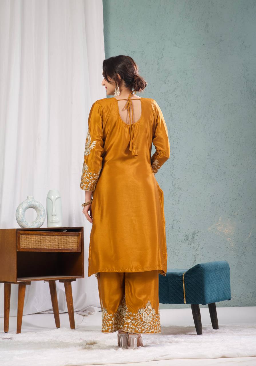 Teeya Creation Yellow Color Chinnon Silk Embroidery Work Fully Stitched Plazo Pair - Distacart