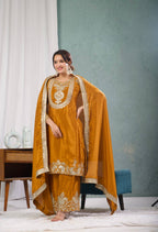 Teeya Creation Yellow Color Chinnon Silk Embroidery Work Fully Stitched Plazo Pair - Distacart