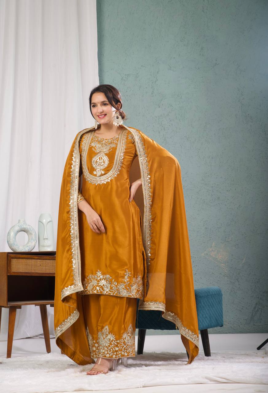 Teeya Creation Yellow Color Chinnon Silk Embroidery Work Fully Stitched Plazo Pair - Distacart