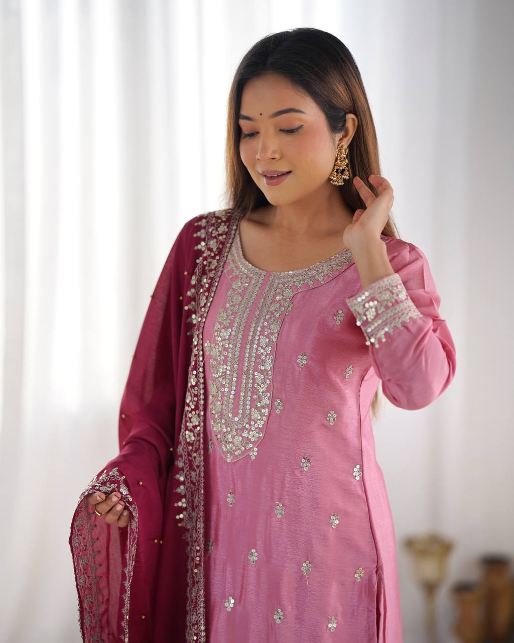 Teeya Creation Baby Pink Color Chinnon Silk Embroidery Work Fully Stitched Salwar Suit - Distacart