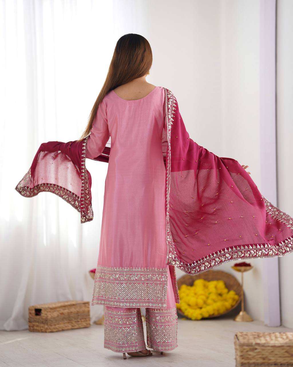 Teeya Creation Baby Pink Color Chinnon Silk Embroidery Work Fully Stitched Salwar Suit - Distacart