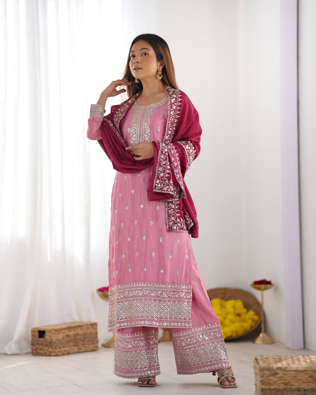 Teeya Creation Baby Pink Color Chinnon Silk Embroidery Work Fully Stitched Salwar Suit - Distacart