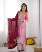 Teeya Creation Baby Pink Color Chinnon Silk Embroidery Work Fully Stitched Salwar Suit - Distacart