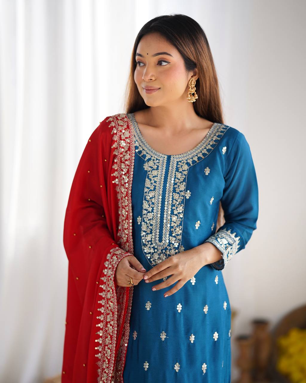 Teeya Creation Blue Color Chinnon Silk Embroidery Work Fully Stitched Salwar Suit - Distacart