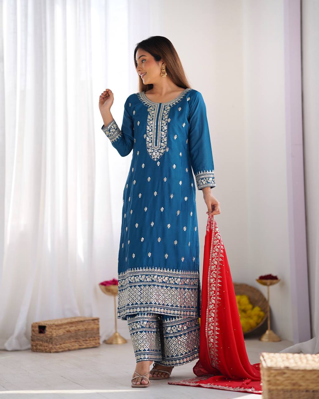 Teeya Creation Blue Color Chinnon Silk Embroidery Work Fully Stitched Salwar Suit - Distacart