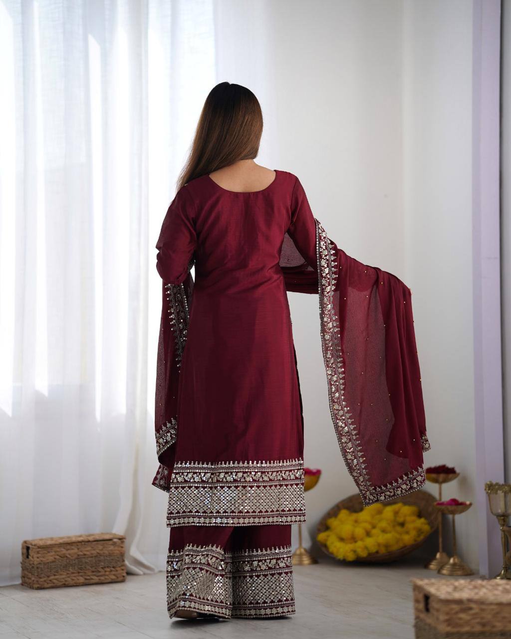 Teeya Creation Maroon Color Chinnon Silk Embroidery Work Fully Stitched Salwar Suit - Distacart