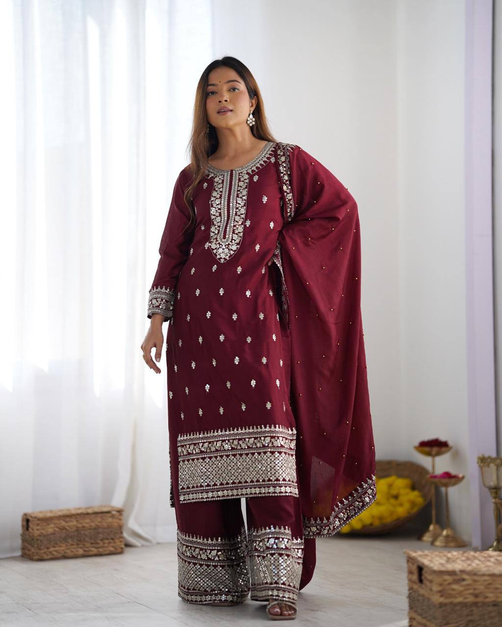 Teeya Creation Maroon Color Chinnon Silk Embroidery Work Fully Stitched Salwar Suit - Distacart