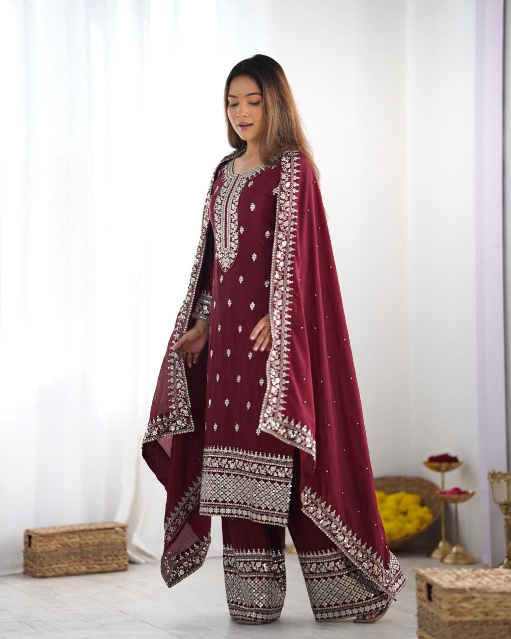 Teeya Creation Maroon Color Chinnon Silk Embroidery Work Fully Stitched Salwar Suit - Distacart