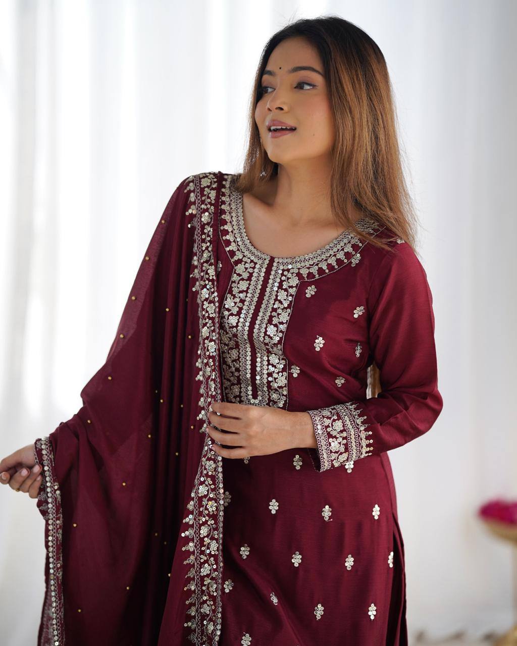 Teeya Creation Maroon Color Chinnon Silk Embroidery Work Fully Stitched Salwar Suit - Distacart