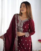 Teeya Creation Maroon Color Chinnon Silk Embroidery Work Fully Stitched Salwar Suit - Distacart