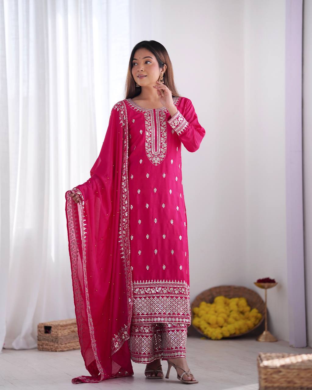 Teeya Creation Rani Color Chinnon Silk Embroidery Work Fully Stitched Salwar Suit - Distacart