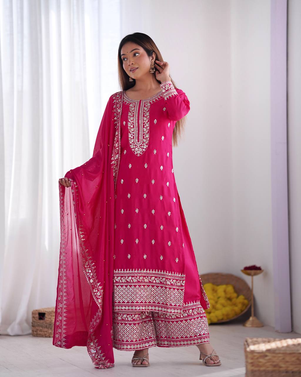 Teeya Creation Rani Color Chinnon Silk Embroidery Work Fully Stitched Salwar Suit - Distacart