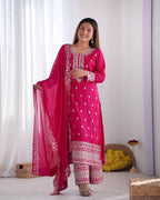 Teeya Creation Rani Color Chinnon Silk Embroidery Work Fully Stitched Salwar Suit - Distacart