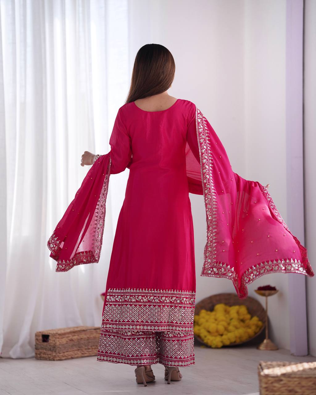 Teeya Creation Rani Color Chinnon Silk Embroidery Work Fully Stitched Salwar Suit - Distacart