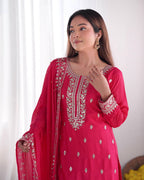 Teeya Creation Rani Color Chinnon Silk Embroidery Work Fully Stitched Salwar Suit - Distacart