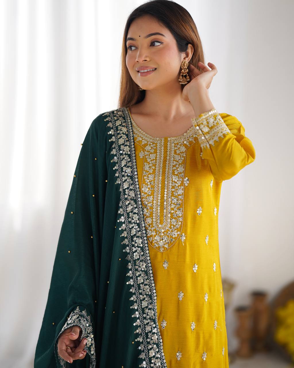 Teeya Creation Yellow Color Chinnon Silk Embroidery Work Fully Stitched Salwar Suit - Distacart