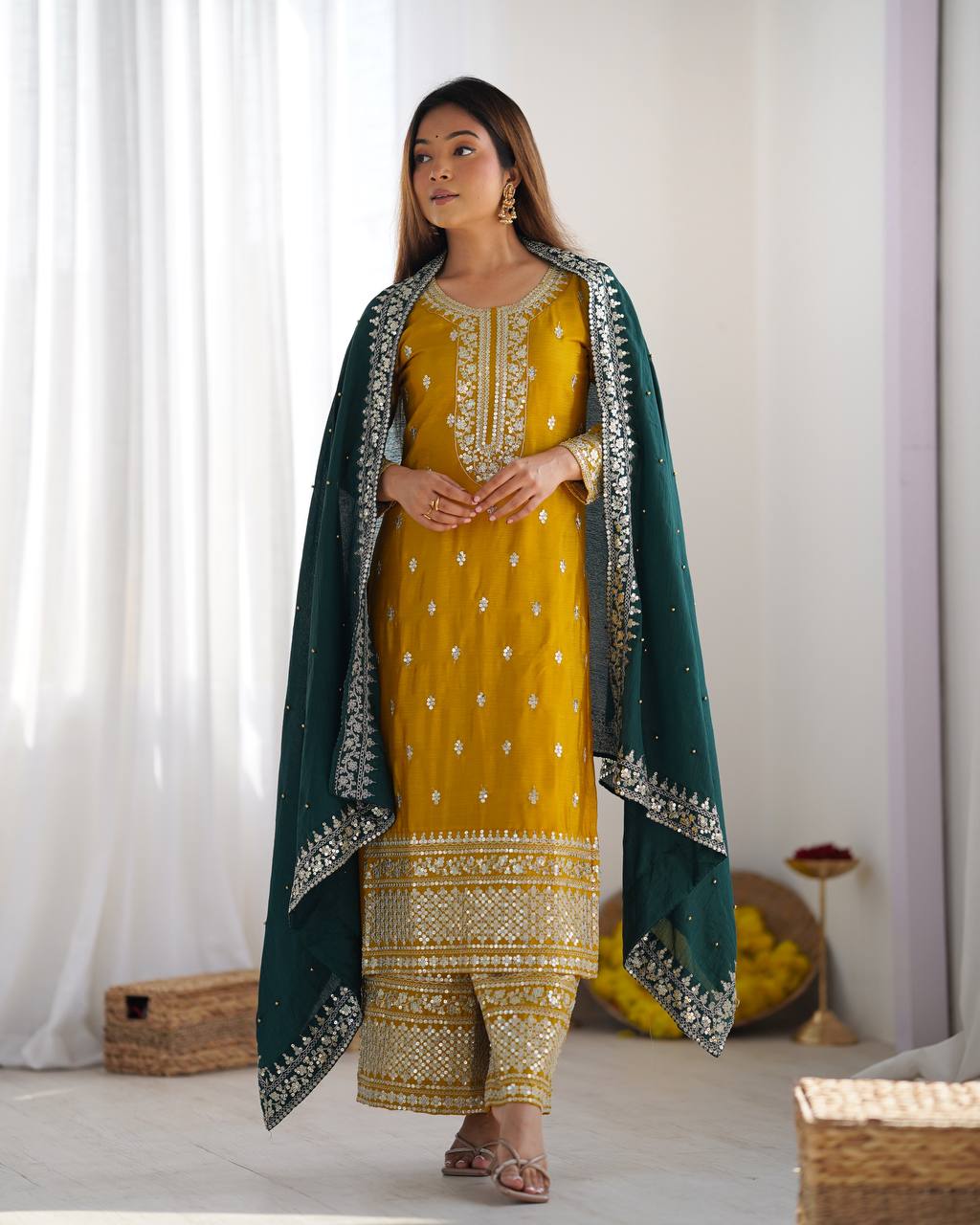 Teeya Creation Yellow Color Chinnon Silk Embroidery Work Fully Stitched Salwar Suit - Distacart