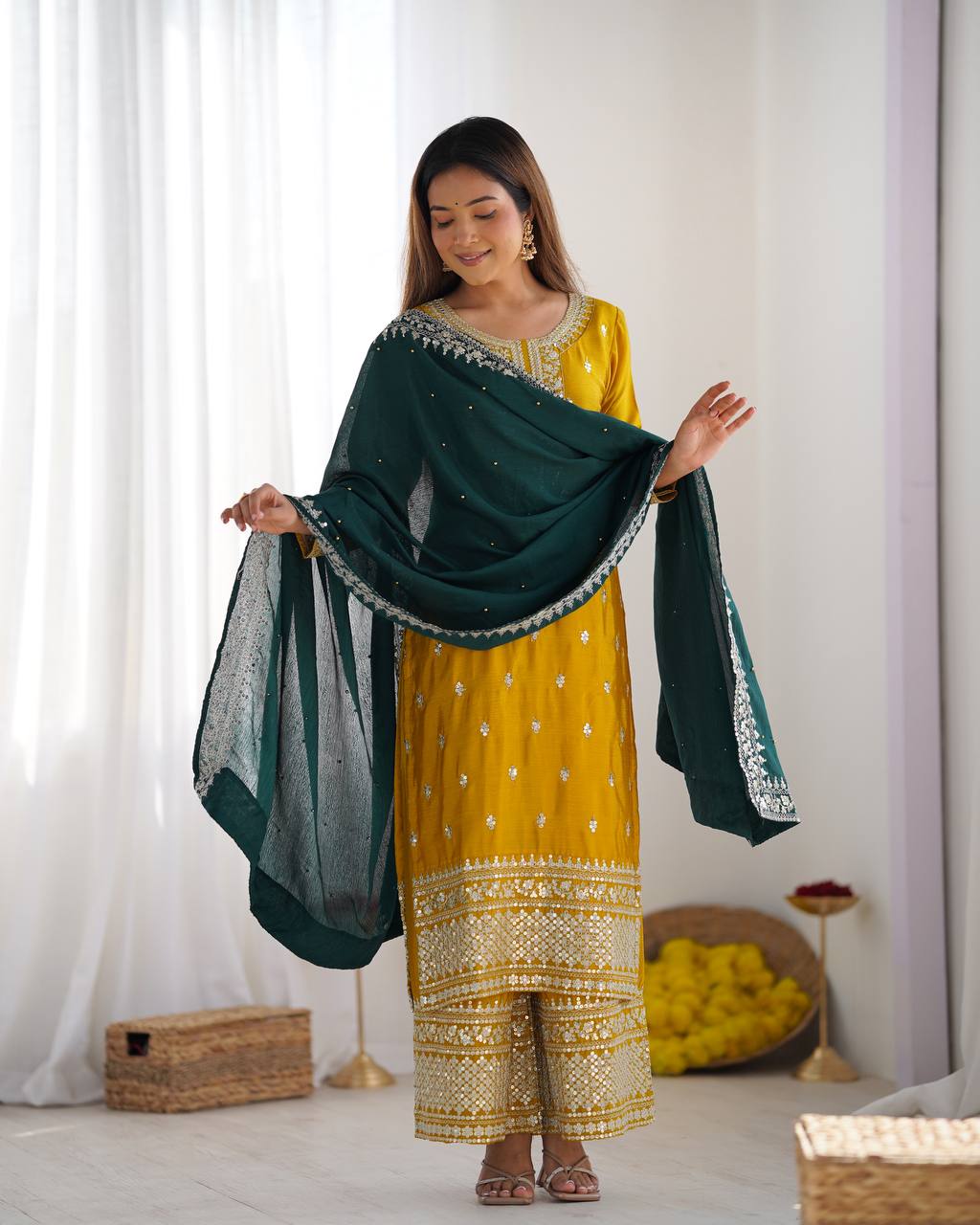 Teeya Creation Yellow Color Chinnon Silk Embroidery Work Fully Stitched Salwar Suit - Distacart