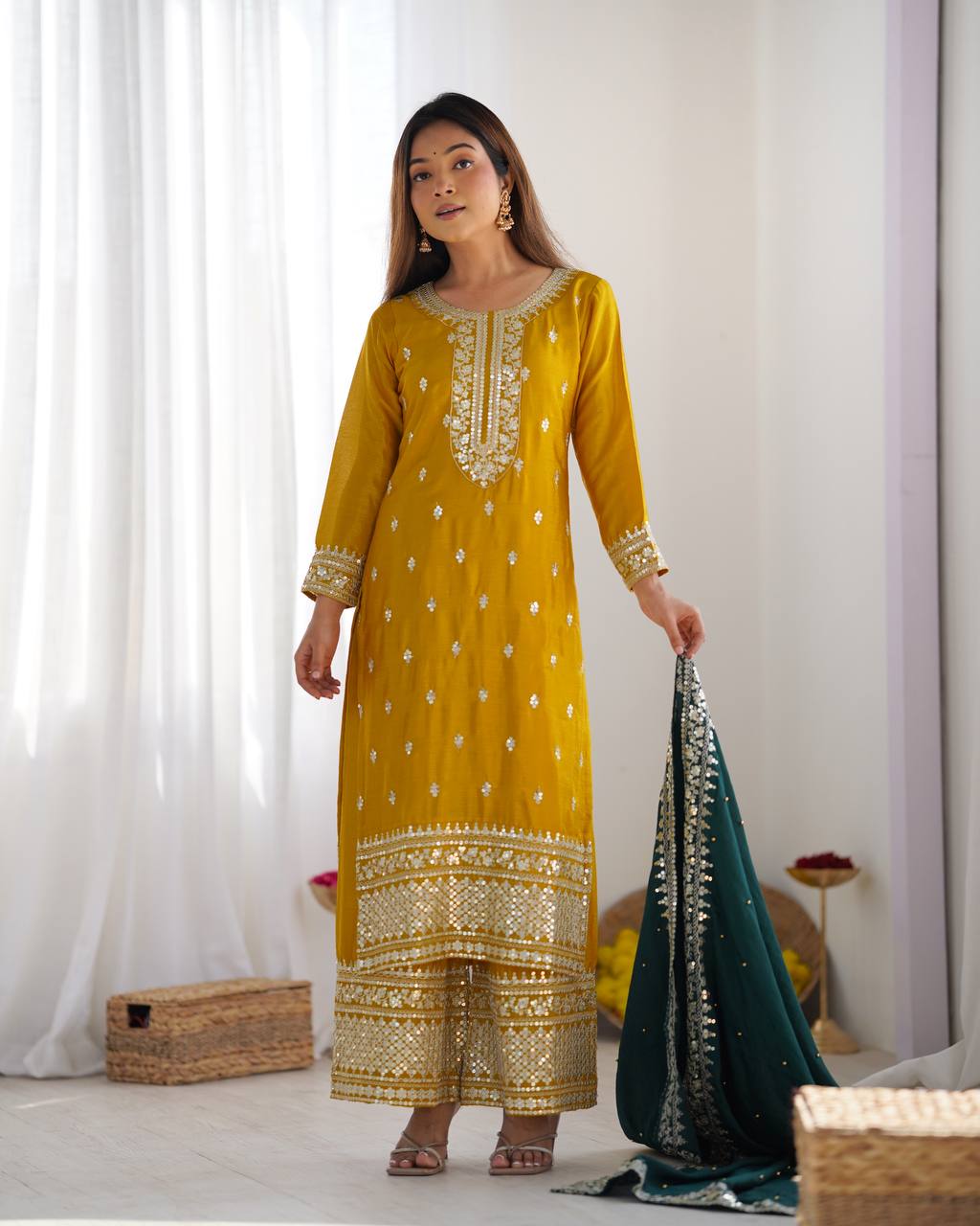 Teeya Creation Yellow Color Chinnon Silk Embroidery Work Fully Stitched Salwar Suit - Distacart