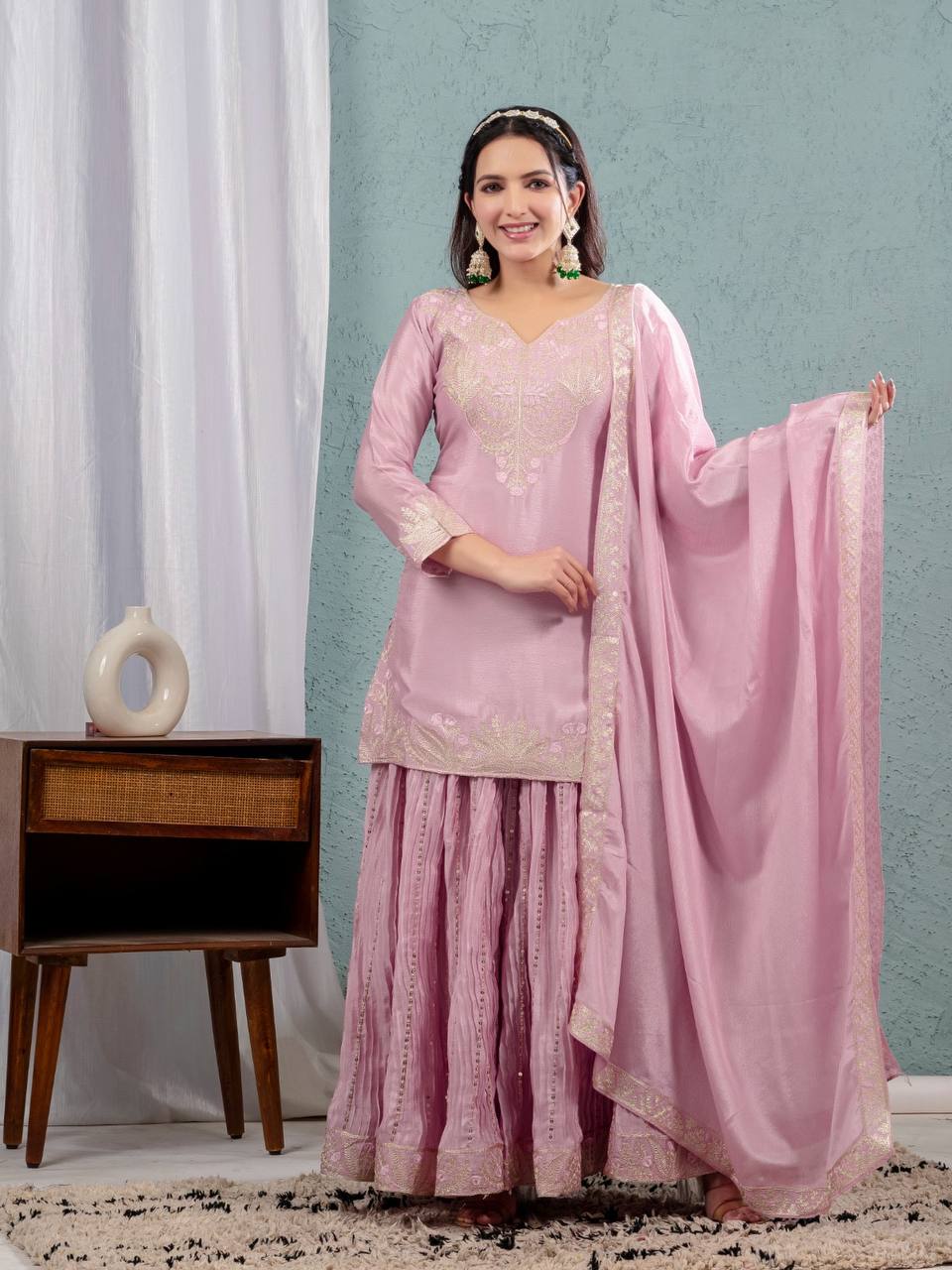 Teeya Creation Baby Pink Color Chinnon Silk Embroidery Work Fully Stitched Salwar Suit - Distacart