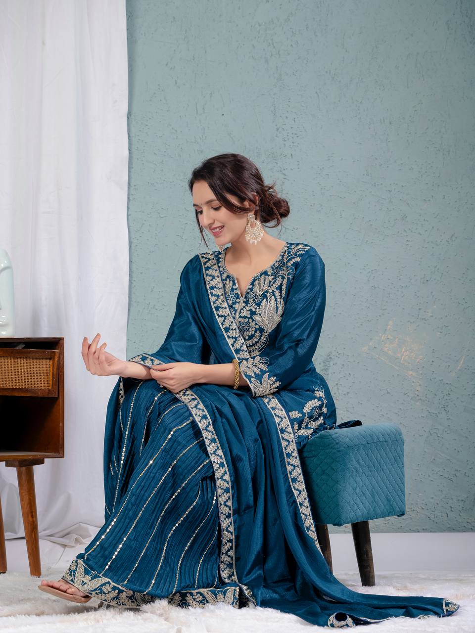 Teeya Creation Blue Color Chinnon Silk Embroidery Work Fully Stitched Salwar Suit - Distacart
