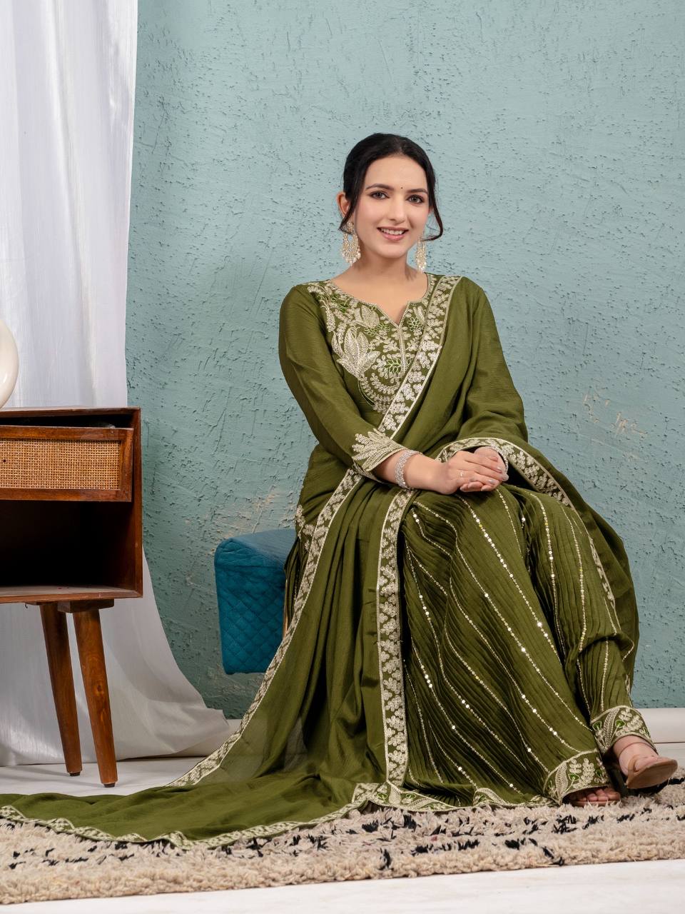 Teeya Creation Mehendi Color Chinnon Silk Embroidery Work Fully Stitched Salwar Suit - Distacart