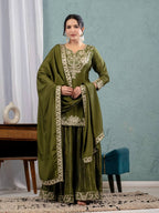 Teeya Creation Mehendi Color Chinnon Silk Embroidery Work Fully Stitched Salwar Suit - Distacart