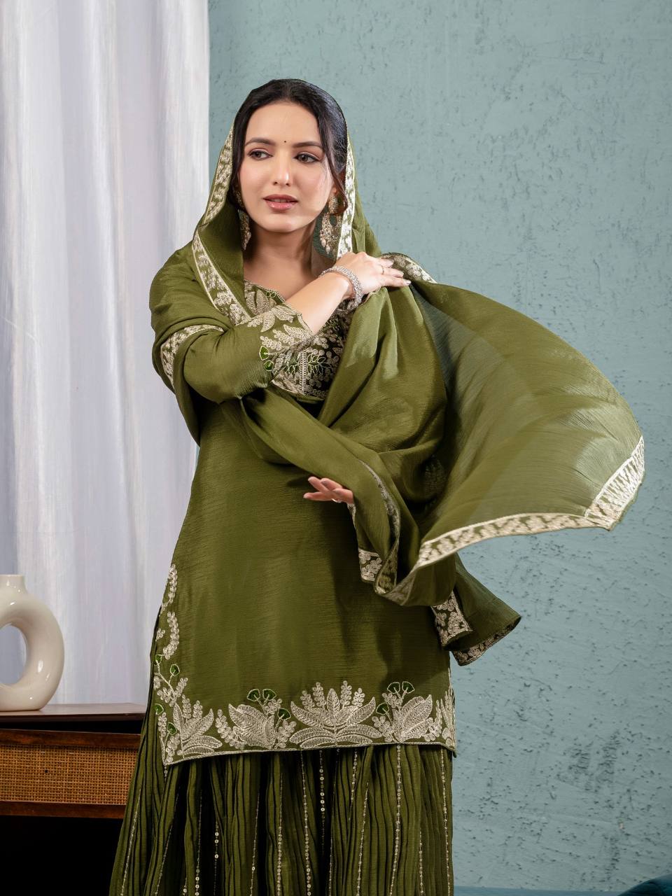 Teeya Creation Mehendi Color Chinnon Silk Embroidery Work Fully Stitched Salwar Suit - Distacart