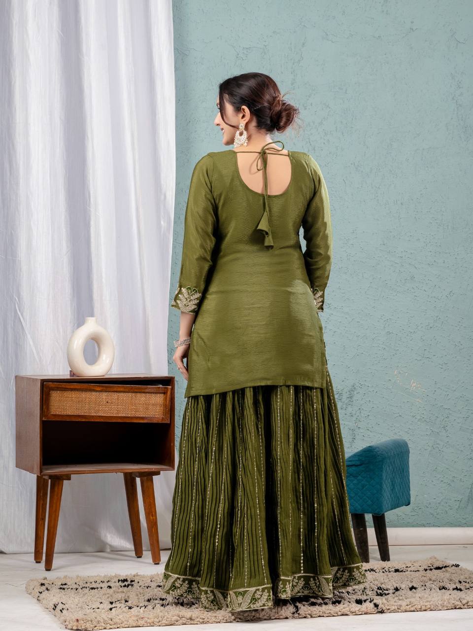 Teeya Creation Mehendi Color Chinnon Silk Embroidery Work Fully Stitched Salwar Suit - Distacart