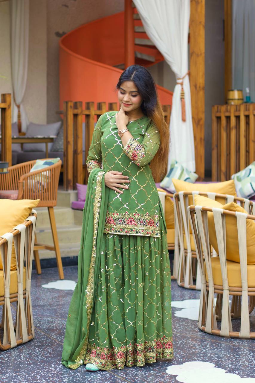 Teeya Creation Green Color Chinnon Silk Embroidery Work Fully Stitched Salwar Suit - Distacart